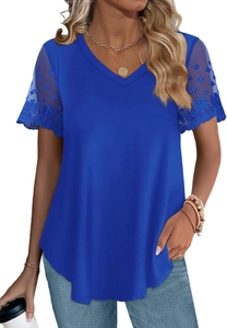 Close-up detail of the elegant lace stitching on the short sleeve of this blue V-neck top
