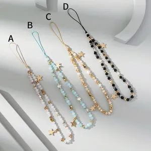 Colorful beaded phone charms with star pendants in pink, blue, champagne, and black