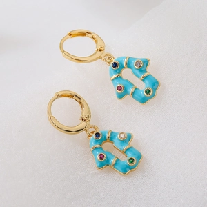 18K gold plated copper earrings with blue enamel and colorful zircon in geometric style