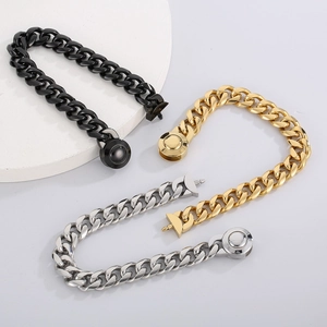 Men's titanium steel Cuban link bracelet set in black, gold, and silver finishes