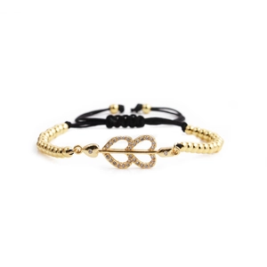 Gold heart-shaped zircon bracelet with adjustable black braided rope for women