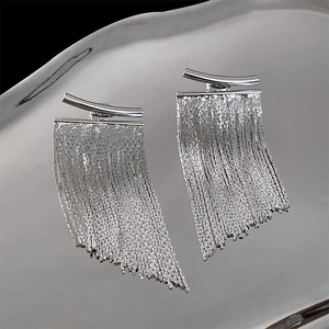 Detailed view of silver tassel earrings with fine metal chains on a textured tray