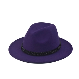 Detailed view of dark purple wool fedora hat featuring a stylish black metal chain band