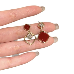 Gold plated rhombus earrings with red stones and zircon for women in vintage style