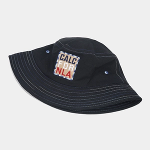 Denim bucket hat in black with blue stitching and California embroidery patch