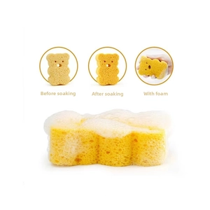 Baby bath sponge showing transformation from dry to wet state and rich foam lather