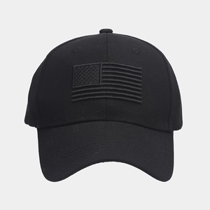 Close-up of black American flag embroidery on premium cotton twill baseball cap