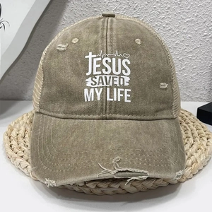 Casquette de baseball kaki vieilli avec imprimé Jesus Saved My Life et filet