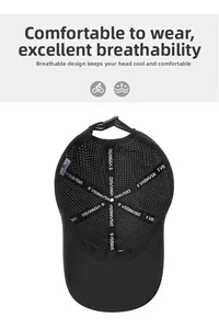 Close-up of internal breathable mesh and branded cross stitching on the black baseball cap
