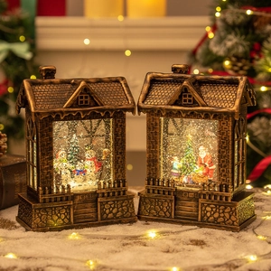 Retro Christmas lantern set with Santa and snowman scene, warm glow and snow effect
