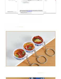 Close-up of miniature blue and white porcelain bowls with assorted fake food and keyrings