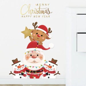 Christmas wall decal featuring Santa Claus, reindeer, and snowmen for festive window decor