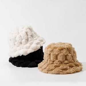 Solid color plush bucket hats in black white and khaki with a plaid textured finish