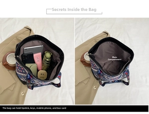 Spacious interior of ethnic tote bag showing capacity for tablet, phone and umbrella