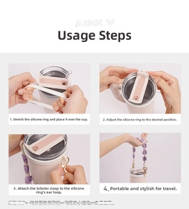 Detailed four-step installation guide for the floral cup lanyard with silicone ring