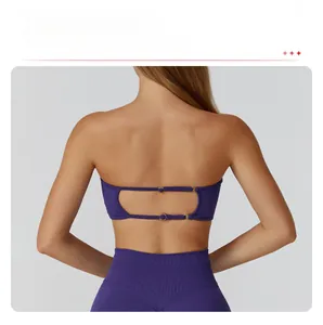 Macro detail of seamless sports bra featuring purple hollow back and adjustable straps