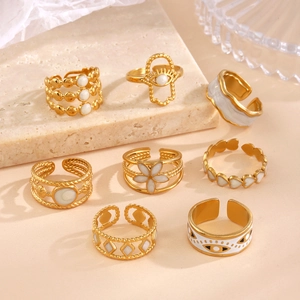 Adjustable Open Rings Stainless Steel Gold Plated White Enamel Evil Eye Flower Heart Geometric Fashion Jewelry For Women