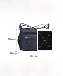 Detail view of dark blue polyester crossbody bag showing 31cm width and iPad scale