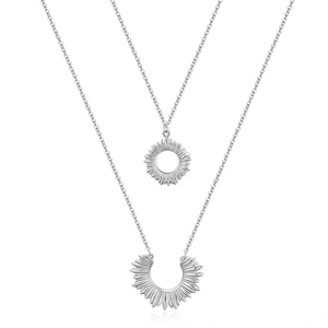 Silver stainless steel double layer necklace with sunburst sun and moon pendants