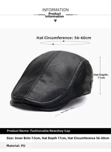 Detailed size chart for black PU leather flat cap with 56-60cm circumference