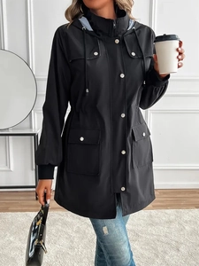 Women's black long hooded windbreaker with drawstring waist and striped lining detail