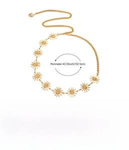 Detail view of golden alloy sun charm belt with 40.35 inch length and weight specifications