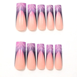 3D French ballet style long press-on nails with pink purple gradient and carved texture