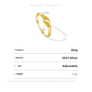Detailed view of S925 sterling silver golden feather ring with adjustable band and specifications