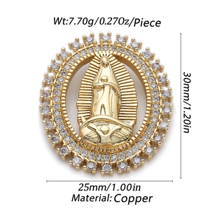 Macro shot of 14K gold-plated Virgin Mary pendant with cubic zirconia inlay and dimensions
