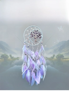 Detail of dream catcher with life tree crystal stones and blue-purple gradient feathers