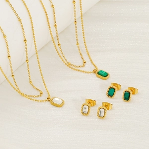 Double Layer Necklace And Earrings 18K Gold Plated Stainless Steel Emerald Cut Rhinestone Luxury Women Jewelry