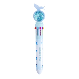 Blue butterfly 10-color shuttle pen with glitter sand topper and cute cartoon patterns