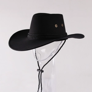 Detail view of black suede cowboy hat with braided rope and metal ventilation eyelets