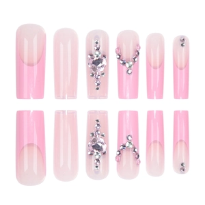 Pink French ombre long coffin press-on nails with sparkling heart rhinestones