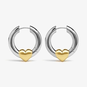 Two-tone silver hoop earrings with gold heart charms in high polished finish
