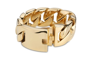 Macro shot of 31mm thick 18k gold plated Cuban chain bracelet with heavy square buckle