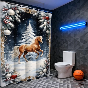 Detailed Christmas shower curtain view featuring a horse print with festive berry borders