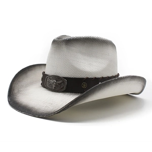Detail of western straw hat with gradient paint finish and bull head metal buckle