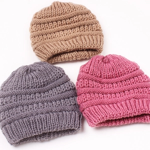 Knitted winter beanie hats for kids in khaki, dark grey and rose red colors
