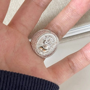 925 Sterling Silver Vintage Portrait Queen Relief Ring Adjustable Retro Coin Style Geometric Brick Texture Jewelry