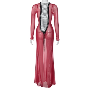 Detailed back view of red mesh maxi dress with stylish black lace-up tie design