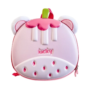 Pink EVA hard shell strawberry kids backpack with lucky text and cute design