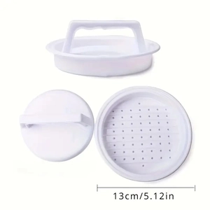 White 13cm plastic burger press patty maker with handle and mesh base mold set
