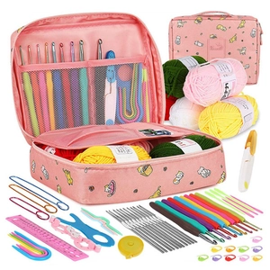 Complete crochet kit with floral storage bag, colorful yarn, and assorted metal hooks