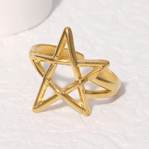 Adjustable gold star ring in minimalist stainless steel with a hollow pentagram design