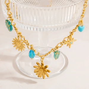 Double-layer 18K gold plated stainless steel necklace with colorful charms on glass