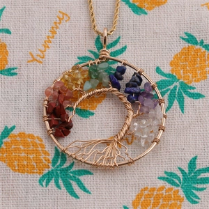 7 Chakras Tree of Life pendant necklace with twisted rope chain and colorful crystals