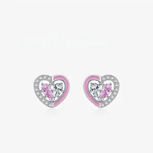 Heart Stud Earrings 925 Sterling Silver Pink Enamel Sparkling Zirconia Sweet Princess Romantic Jewelry For Women