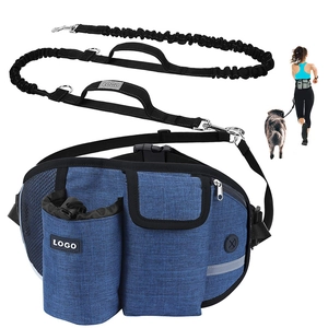 Close-up of blue pet waist bag with water bottle holder and elastic dog leash details