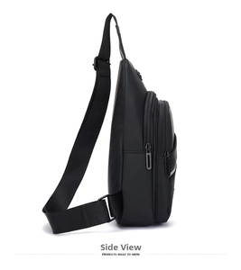 Side view of black large capacity oxford chest bag with multi-layer zipper compartments